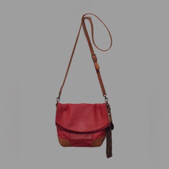 WILL LEATHER GOODS, Front Flap Crossbody, Red w/Brown Leather Accents, Tassel - Picture 2 of 12